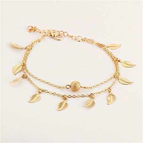Trendy Silver Gold Color Leaf Pendant Womens Anklet Double Layer Ball