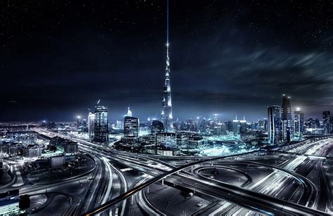 Cityscape Skyscraper Dubai United Arab Emirates Night Lights