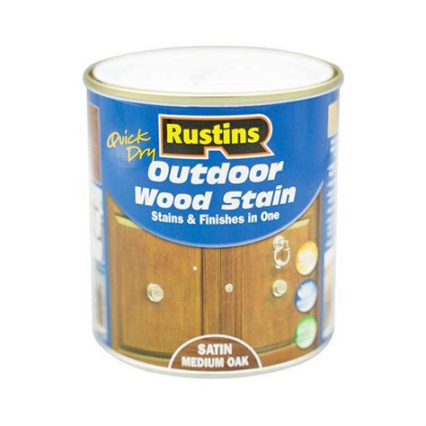 Rustins Quick Dry Outdoor Wood Stain Satin Medium Oak 500ml Leyland Sdm
