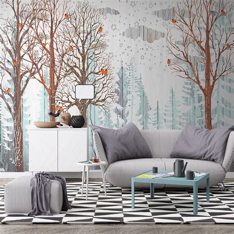 Custom Wallpaper Mural Nordic Forest And Birds For Nursery Bvm Home