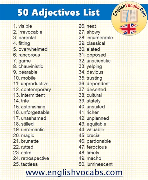 50 Common English Adjectives List English Vocabs