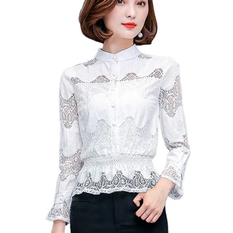 Korean Fashion Top Elegant Hollow Out Lace Blouse Shirt Women Lace Tops Vintage Lace Shirt