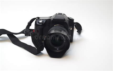 Professional Dslr Camera With Lens Lens Hood And Strap Stock Image