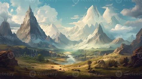 Mountain Fantasy Backdrop Concept Art Realistic Illustration Background