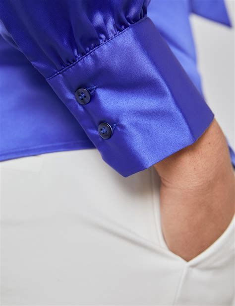 Plain Satin Womens Fitted Blouse With Single Cuff And Pussy Bow In Electric Blue Hawes And Curtis