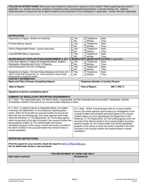 Pennsylvania Older Adult Daily Living Center Unusual Incident Report
