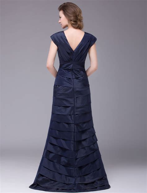Dark Navy Mother Of The Bride Dress With V Neck And Ruffles