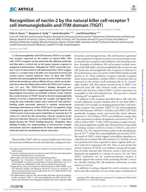 Pdf Recognition Of Nectin By The Natural Killer Cell Receptor Tigit