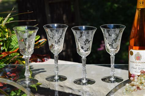 4 vintage floral etched wine glasses rock sharpe circa 1940 s antique etched wine glasses