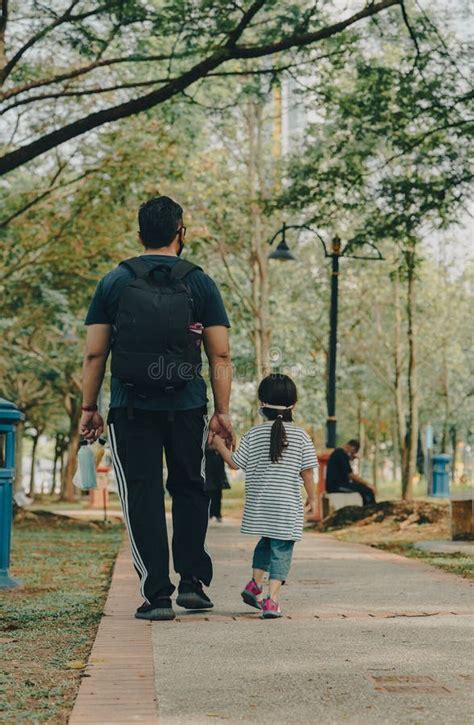Papá Camina Con Su Hija En El Parque Ver Desde Atrás Imagen De Archivo
