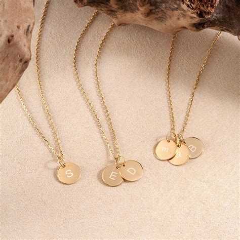 14k Solid Gold Minimal Initial Disk Necklace Personalized Dainty