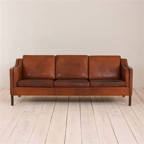 Danish Vintage Brown Leather 3 Seater Sofa In Borge Mogensen Style