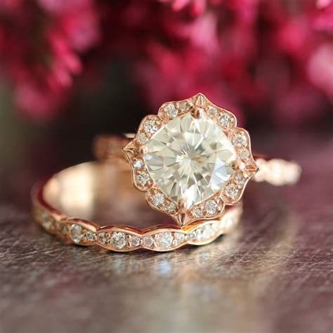 14k Rose Gold Moissanite Engagement Ring Wedding Set Scalloped