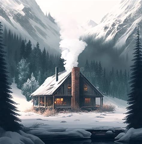 Cozy Cabin Nestled In A Snowy Mountain Landscape Generative Ai Stock