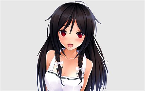 Anime Anime Girls Red Eyes Black Hair Long Hair Open Mouth Simple