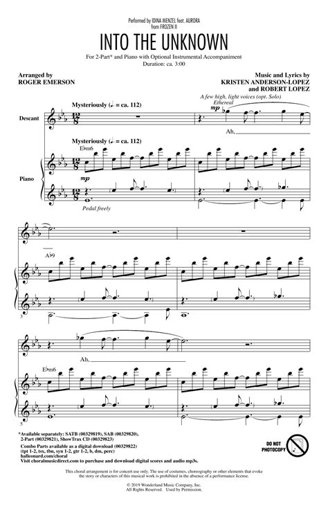 This topic contains 2 replies, has 1 voice, and was last updated by jodi 9 months, 2 weeks. Into The Unknown (from Disney's Frozen 2) (arr. Roger Emerson) Sheet Music | Idina Menzel and ...