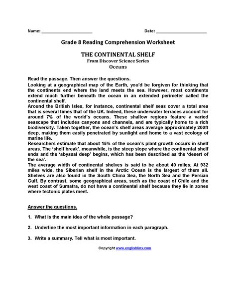 Cbse class 8 grammar worksheets and exercises. Continental Shelf Eighth Grade Reading Worksheets | Reading worksheets, Reading comprehension ...
