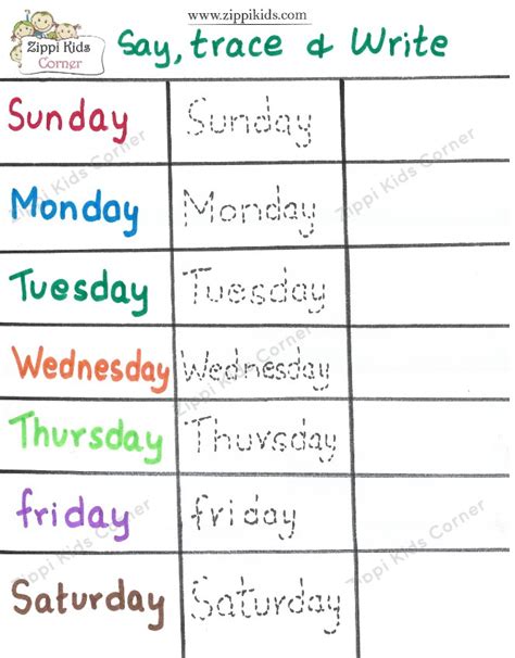 days   week worksheets zippi kids corner