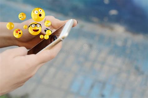 Woman Using Smartphone Sending Emojis Stock Photo Image Of Digital