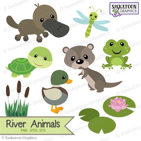 Cute River Woodland Animals Clipart Instant Download File
