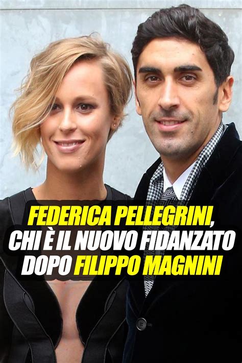 Two People Standing Next To Each Other In Front Of A White Wall With The Words Federica Pellegrini