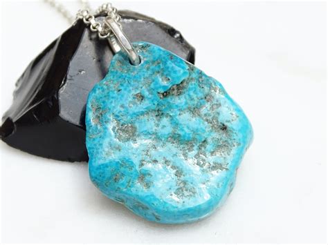 Raw Turquoise Pendant Silver Mens Turquoise Necklace Etsy