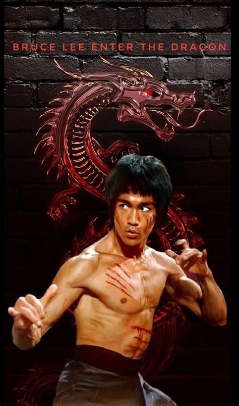 Bruce Lee Enter The Dragon Poster With Brick Wall And Red Fire Behind