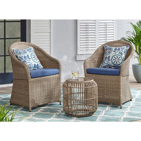 Florence 3 Piece Wicker Outdoor Patio Bistro Set With Blue Cushions