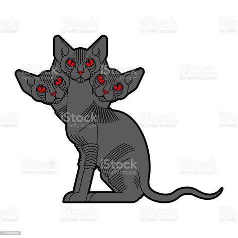 Cerberus Cat Threeheaded Cat From Hell Hellish Pet Stock Illustration