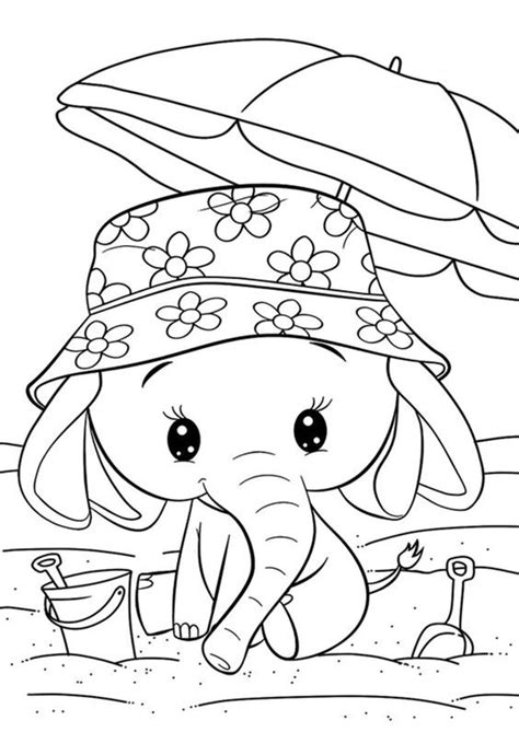 Cute Baby Elephant In Summer Coloring Pages Cute Animal Coloring