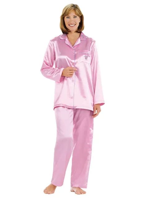 Amerimark Womens Classic Satin Pajama Set Silky Pj Long Sleeves Button Up Front 3799 Picclick