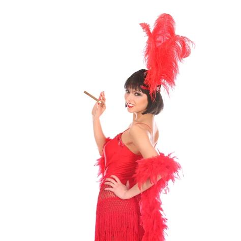 Burlesque Dancer With Red Plumage And Short Dress Isolated On White