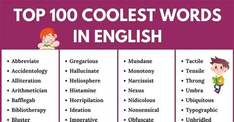 The Top 100 Coolest Words In English With Pictures And Text On It