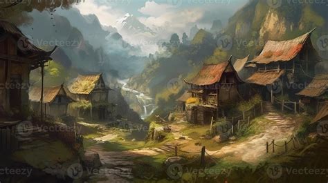 Village Fantasy Backdrop Concept Art Realistic Illustration Background