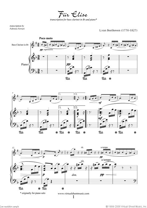 For very easy piano with note names. Beethoven - Fur Elise sheet music for bass clarinet and ...