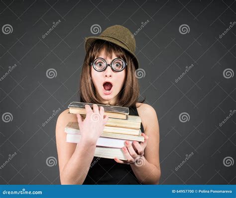 Nerd Girl Studying Education Student In Funny Glasses With Books On