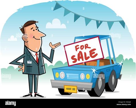 Car Salesman Cartoon Character With Car And Background Stock Vector