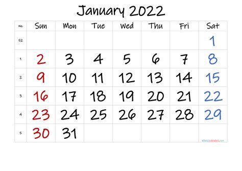 Free January 2022 Calendar With Week Numbers