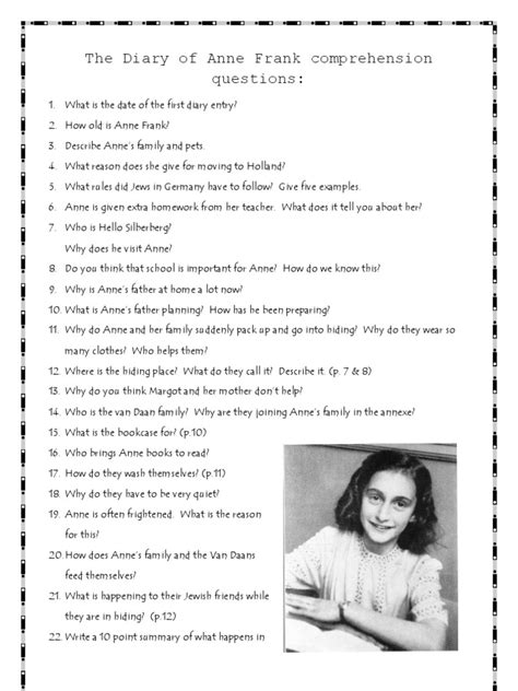 Anne Frank Comprehension Questions Anne Frank