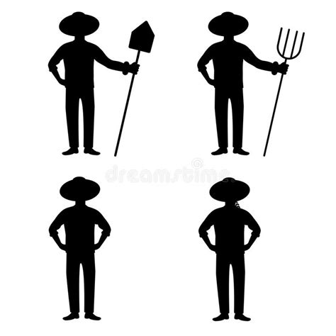 Silhouette Of Man Farmer With Shovel Pitchfork Wheat Vector