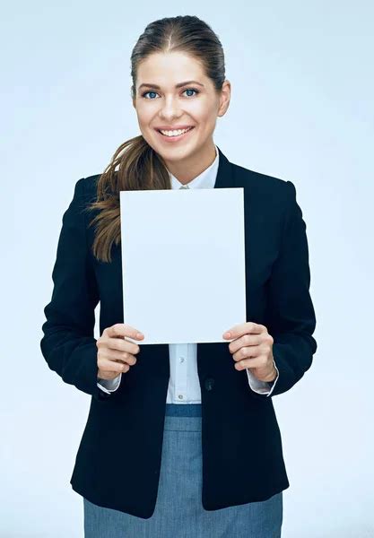 Smiling Business Woman Suit Dressed Holding White Advertising Ba Stock Image Everypixel