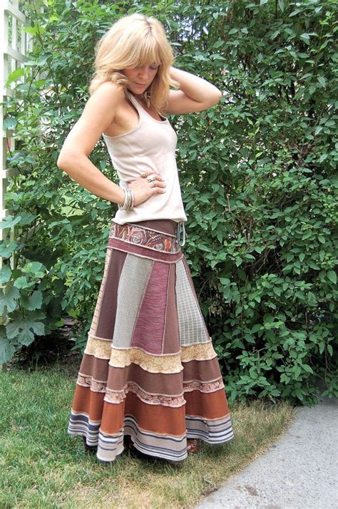 eco long boho skirt clothing upcycled patchwork repurposed jersey brown mix festival size
