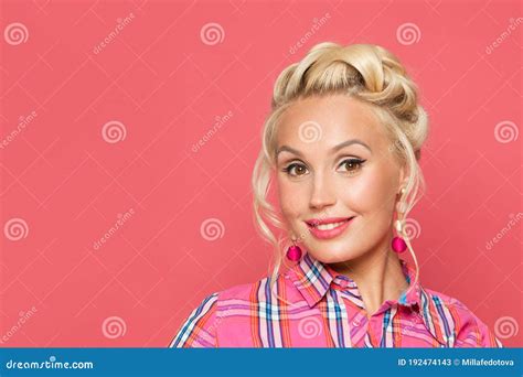 Pin Up Woman Smiling Close Up Portrait Beautiful Retro Girl With Red
