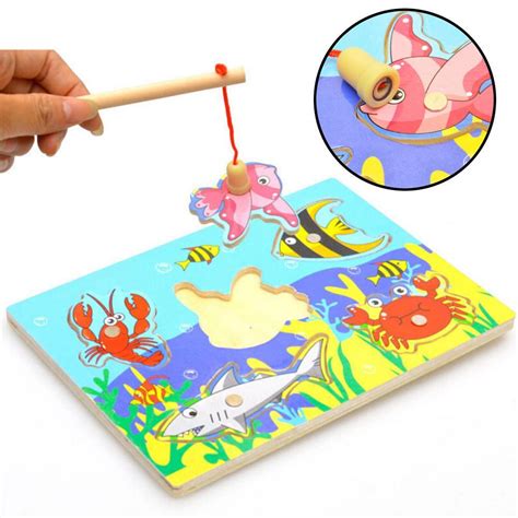 Wooden Magnetic Ocean Fishing Toy Game And Jigsaw Puzzle Board Juguetes