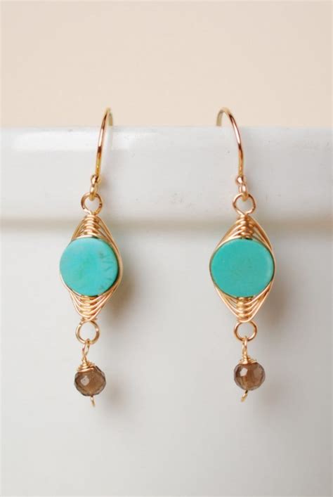 Unique Handmade Turquoise Gold Herringbone Dangle Earrings For Women