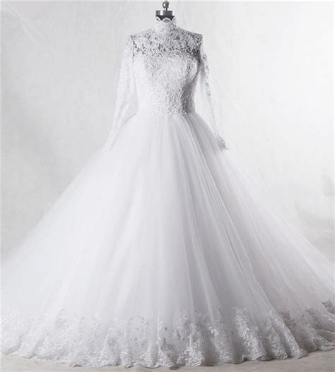 Ball Gown High Neck Long Sleeve Tulle Lace Beaded Wedding Dress
