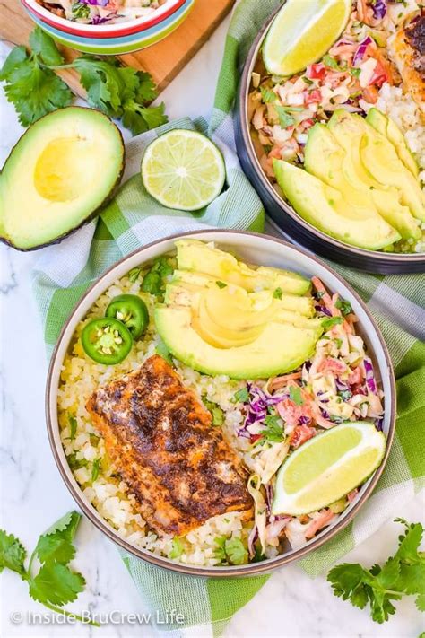 Low Carb Fish Taco Bowls Bowls Of Coleslaw Cauliflower Rice And