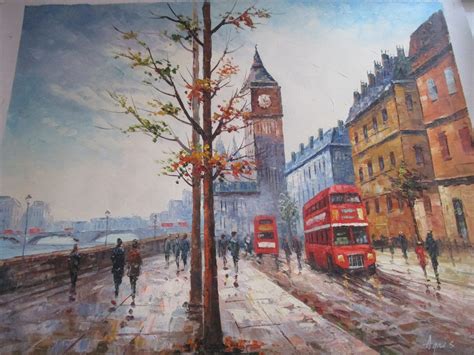 Beautiful Oil Painting Of London Bus On The Banks Of The River Thames