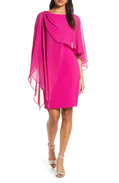 Eliza J Chiffon Cape Cocktail Dress In Magenta Pink Save Lyst