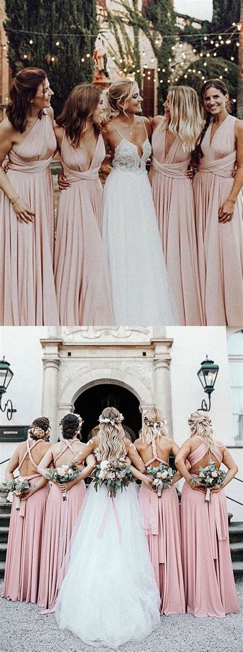 A Line Floor Length V Neck Backless Pink Bridesmaid Dresses Bd0544